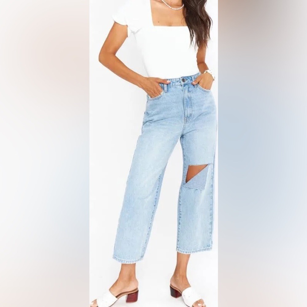 Show Me Your Mumu Sedona Straight Jean 30 Blue Haze Distressed High Rise Knee